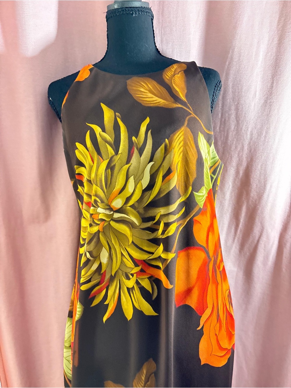Maggy London Black Maxi Dress with Yellow-Green & Orange Floral Print